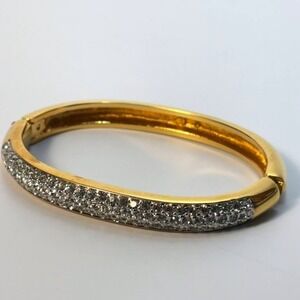 Swarovski Bracelet Tiny White Rhinestones Gold Tone Clamper Hinged 1990s Signed